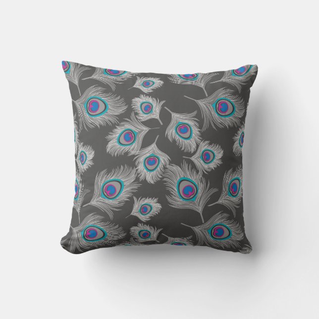 Silver Grey / Grey Peacock Feathers on Graphite Throw Pillow (Front)