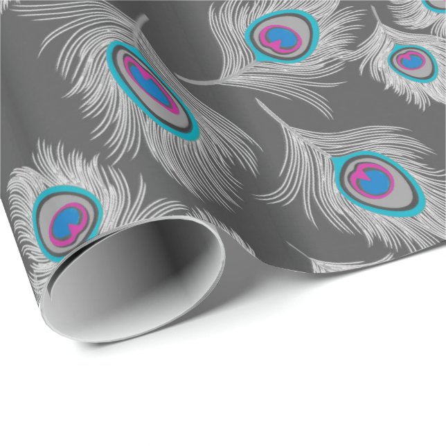 Silver Grey / Grey Peacock Feathers on Graphite Wrapping Paper (Roll Corner)