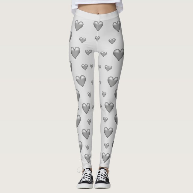 Silver Grey Hearts Pattern Leggings (Front)