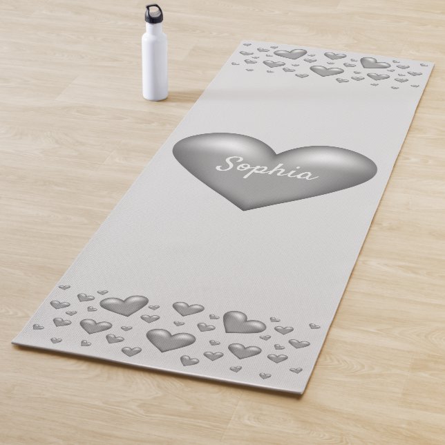 Silver Grey Hearts With Custom Text Yoga Mat (In Situ)