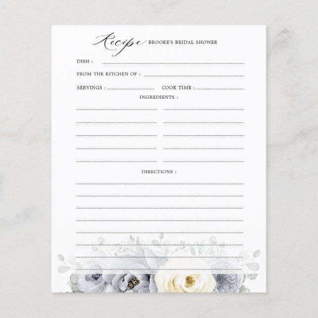 Silver Grey Ivory Floral Boho Bridal Shower Recipe (Front)