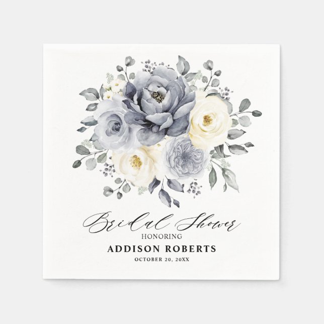 Silver Grey Ivory Floral boho Ivory Bridal Shower Napkin (Front)