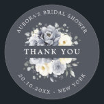 Silver Grey Ivory Floral  Bridal Shower Thank you  Classic Round Sticker<br><div class="desc">Elegant floral winter bridal shower thank you sticker features elegant grey ,  ivory and silver watercolor flower bouquet frosty-hued greenery. Please contact me for any help in customization or if you need any other product with this design.</div>