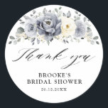 Silver Grey Ivory Floral Bridal Shower Thank you Classic Round Sticker<br><div class="desc">Elegant floral winter wedding thank you sticker features elegant grey ,  ivory and silver watercolor flower bouquet frosty-hued greenery. Please contact me for any help in customization or if you need any other product with this design.</div>