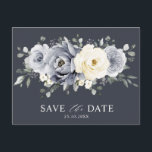 Silver Grey Ivory Floral Winter Boho Save the Date Postcard<br><div class="desc">Elegant floral winter save the date postcard features elegant grey ,  ivory and silver watercolor flower bouquet frosty-hued greenery. Please contact me for any help in customization or if you need any other product with this design.</div>