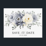 Silver Grey Ivory Floral Winter Boho Save the Date Postcard<br><div class="desc">Elegant floral winter save the date postcard features elegant grey ,  ivory and silver watercolor flower bouquet frosty-hued greenery. Please contact me for any help in customization or if you need any other product with this design.</div>