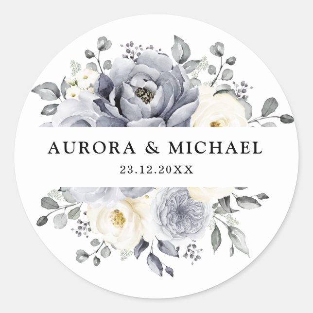 Silver Grey Ivory Floral Winter Rustic Wedding Classic Round Sticker (Front)