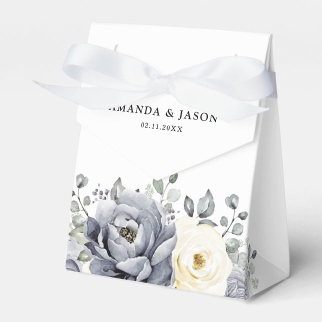 Silver Grey Ivory Floral Winter Rustic Wedding Favor Box (Front Side)