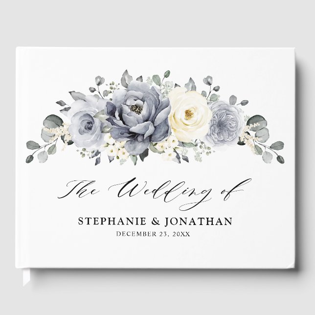 Silver Grey Ivory Floral Winter Rustic Wedding Guest Book (Front)
