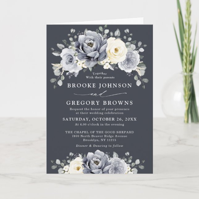Silver Grey Ivory Floral Winter Rustic Wedding  In Invitation (Front)