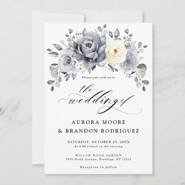 Silver Grey Ivory Floral Winter Rustic Wedding Inv Invitation (Front)