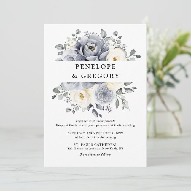 Silver Grey Ivory Floral Winter Rustic Wedding Invitation (Standing Front)