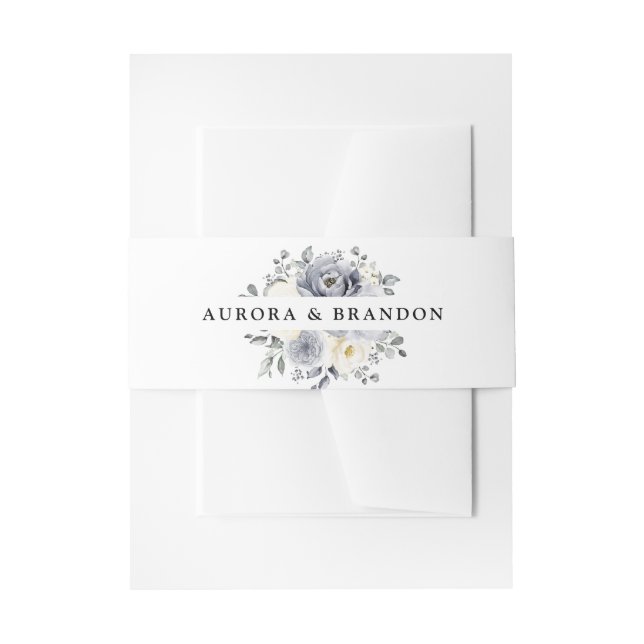 Silver Grey Ivory Floral Winter Rustic Wedding Invitation Belly Band (Front Example)