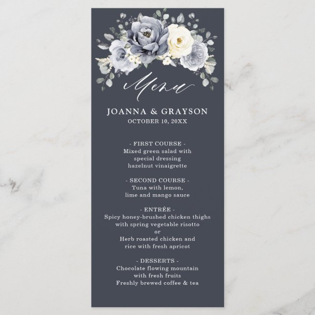 Silver Grey Ivory Floral Winter Rustic Wedding Men Menu (Front)