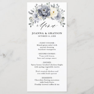 Silver Grey Ivory Floral Winter Rustic Wedding Menu