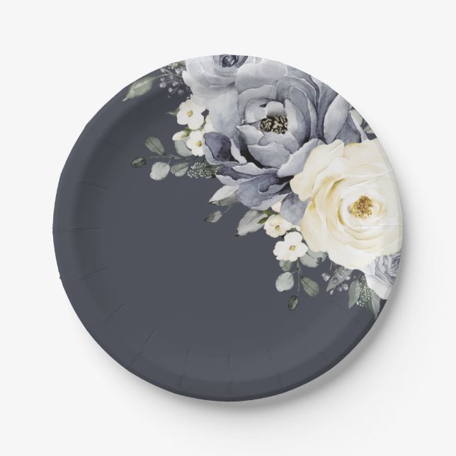 Silver Grey Ivory Floral Winter Rustic Wedding Pap Paper Plate (Front)