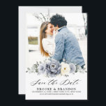 Silver Grey Ivory Floral Winter Rustic Wedding Sav Save The Date<br><div class="desc">Elegant floral winter photo save the date card features elegant grey ,  ivory and silver watercolor flower bouquet frosty-hued greenery. Please contact me for any help in customization or if you need any other product with this design.</div>