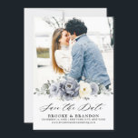 Silver Grey Ivory Floral Winter Rustic Wedding Sav Save The Date<br><div class="desc">Elegant floral winter photo save the date card features elegant grey ,  ivory and silver watercolor flower bouquet frosty-hued greenery. Please contact me for any help in customization or if you need any other product with this design.</div>
