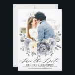 Silver Grey Ivory Floral Winter Rustic Wedding Save The Date<br><div class="desc">Elegant floral winter photo save the date card features elegant grey ,  ivory and silver watercolor flower bouquet frosty-hued greenery. Please contact me for any help in customization or if you need any other product with this design.</div>