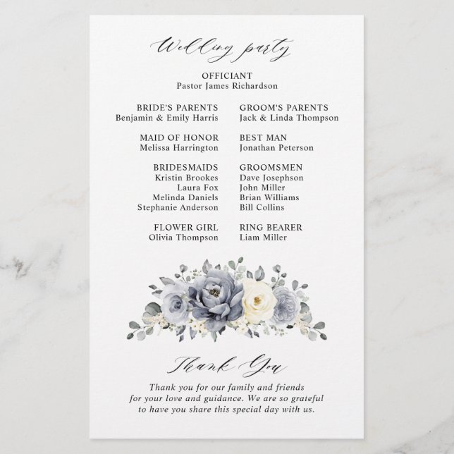 Silver Grey Ivory Floral Winter Wedding Programme (Dos)
