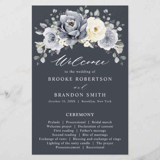 Silver Grey Ivory Floral Winter Wedding Programme (Devant)