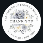 Silver Grey Ivory Floral Winter Wedding Thank you Classic Round Sticker<br><div class="desc">Elegant floral winter wedding thank you sticker features elegant grey ,  ivory and silver watercolor flower bouquet frosty-hued greenery. Please contact me for any help in customization or if you need any other product with this design.</div>