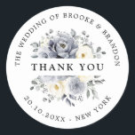 Silver Grey Ivory Floral Winter Wedding Thank you Classic Round Sticker<br><div class="desc">Elegant floral winter wedding thank you sticker features elegant grey ,  ivory and silver watercolor flower bouquet frosty-hued greenery. Please contact me for any help in customization or if you need any other product with this design.</div>