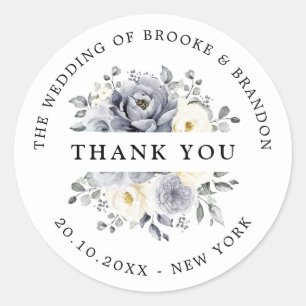 Silver Grey Ivory Floral Winter Wedding Thank you Classic Round Sticker