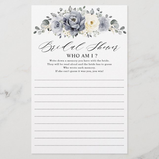 Silver Grey Ivory Floral Winter Who Am I Game      (Front)