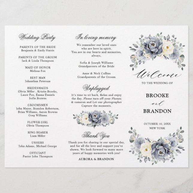 Silver Grey Ivory Winter Wedding Tri-Fold Program  (Front)