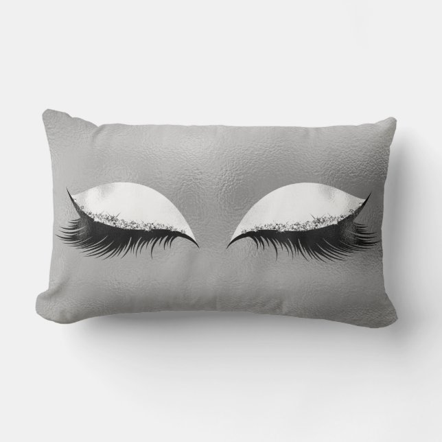 Silver Grey  Lashes Glass White Glitter Makeup Lumbar Pillow (Front)