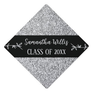 Silver grey light faux sparkles Custom name Class Graduation Cap Topper