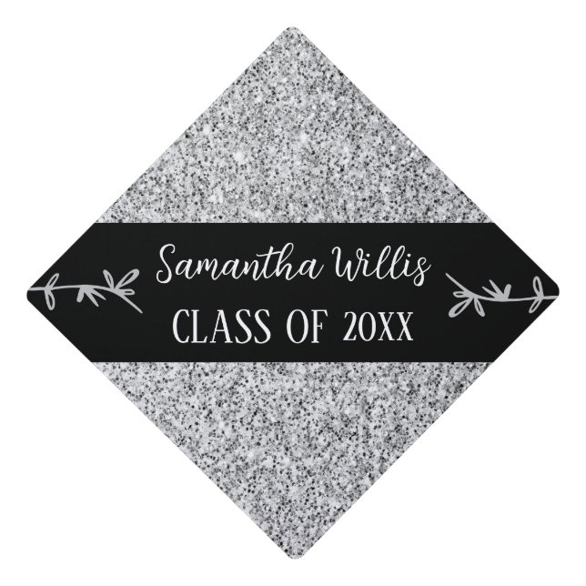 Silver grey light faux sparkles Custom name Class Graduation Cap Topper (Front)