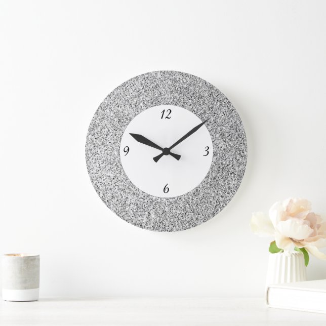 Silver grey light glitter sparkles black white large clock (Home)