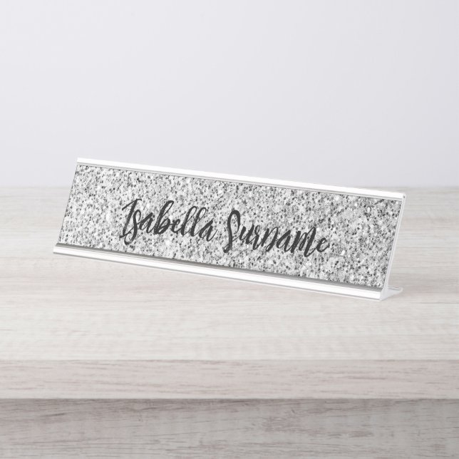 Silver grey light glitter sparkles Custom name Desk Name Plate (Front)