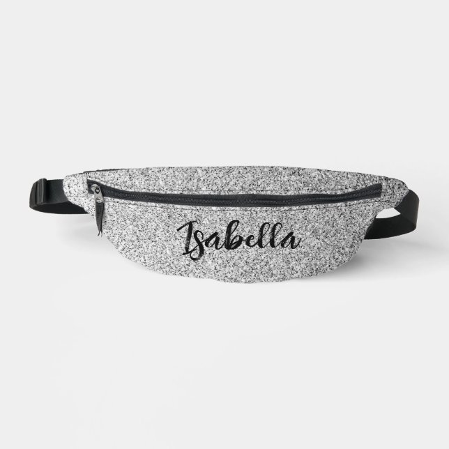 Silver grey light glitter sparkles Custom name Fanny Pack (Front)
