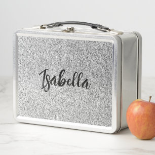 Silver grey light glitter sparkles Custom name Metal Lunch Box
