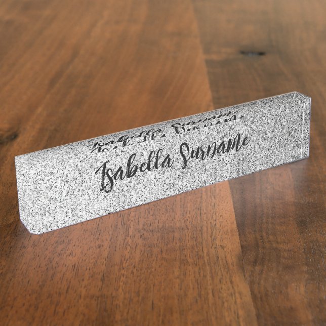 Silver grey light glitter sparkles Custom name Nameplate (Side)