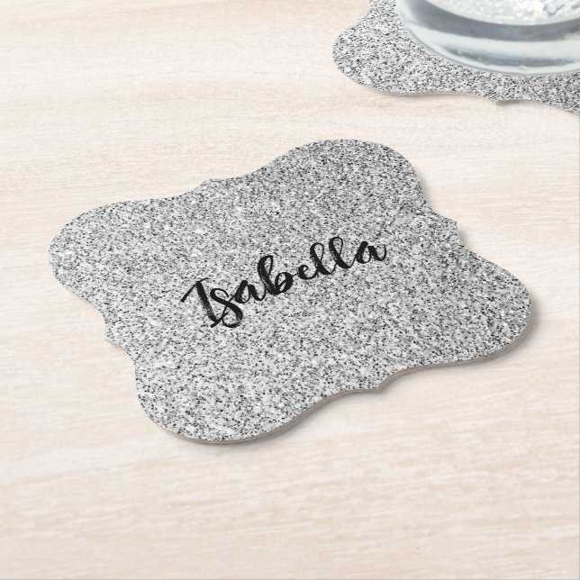Silver grey light glitter sparkles Custom name Paper Coaster (Angled)