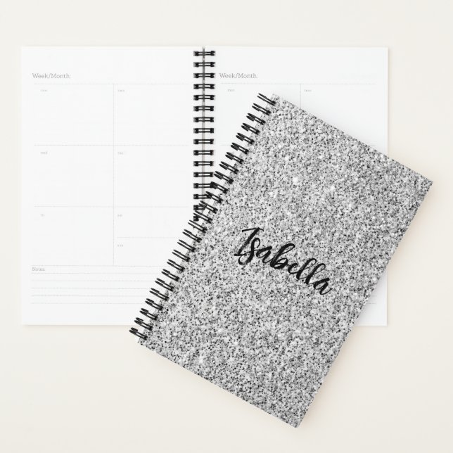 Silver grey light glitter sparkles Custom name Planner (Display)