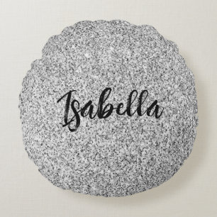 Silver grey light glitter sparkles Custom name Round Pillow
