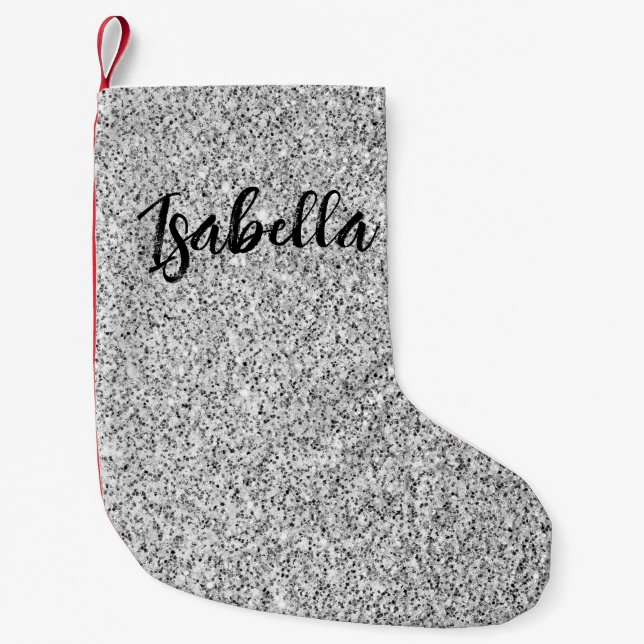 Silver grey light glitter sparkles Custom name Small Christmas Stocking (Front)
