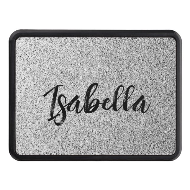 Silver grey light glitter sparkles Custom name Trailer Hitch Cover (Front)