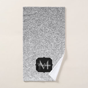 Silver grey light glitter sparkles Monogram Bath Towel Set