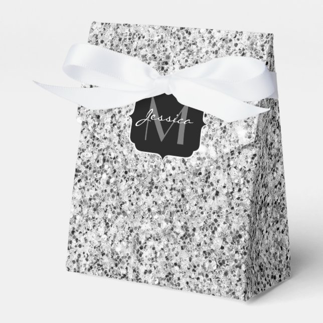 Silver grey light glitter sparkles Monogram Favor Box (Front Side)