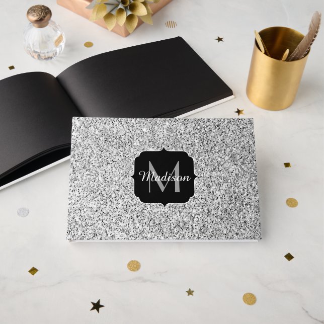 Silver grey light glitter sparkles Monogram Guest Book (Front Open)
