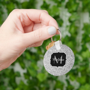 Silver grey light glitter sparkles Monogram Keychain