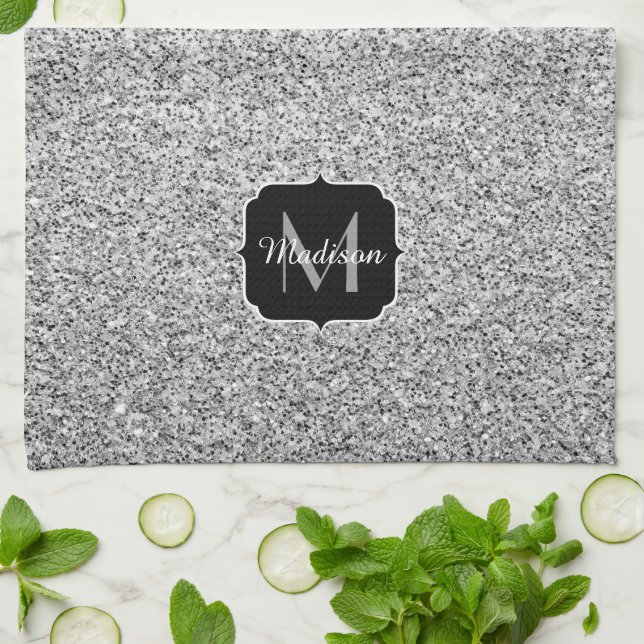 Silver grey light glitter sparkles Monogram Kitchen Towel (Folded)