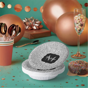 Silver grey light glitter sparkles Monogram Paper Plate