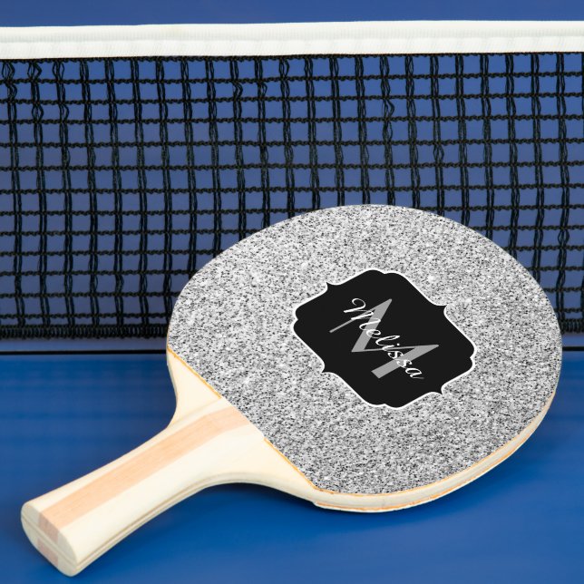 Silver grey light glitter sparkles Monogram Ping Pong Paddle (Insitu)